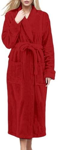Damen Bademantel aus grauem Fleece, mit Gürtel, weicher langer Morgenmantel für Damen, warmer Plüsch-Wintermantel, leichte einfarbige Nachtwäsche, gemütliche Loungewear, entspannte Passform, RD1, M