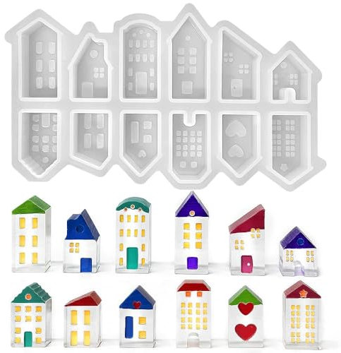 Juego de moldes de silicona de 12 casas,Molde de Silicona 3D para Casas,Juego de moldes de silicona para casitas,Idealresina hormigón, arcilla, vela,decoración del hogar molde de silicona para casa