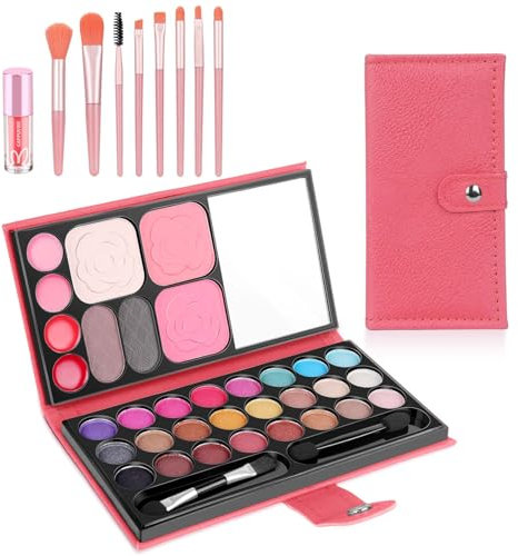 Kinderschminke Set Mädchen, 33 Farben Schminksets für Mädchen mit 8 Pinsel und 1 Lippenstift Waschbarer Kinderschminkspielzeug Make up Set für Kinder für Bühne, Party, Geburtstag(Wassermelone rot)