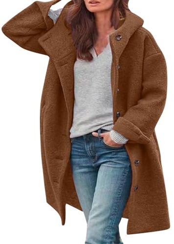 Wollmantel Mit Kapuze Damen - Trenchcoat Damen Lang Winter Wintermantel Elegante Übergangsjacke Einfarbig Freizeitjacke Mit Taschen Locker Winter Warme Winterjacke Freizeitjacke Kapuze-Wollmantel