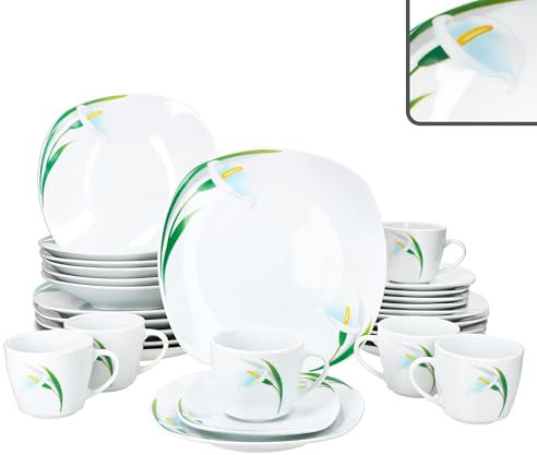 MamboCat Servizio combinato da 30 pezzi White Calla I floreale elegante in porcellana con decorazione floreale per 6 persone, 6 tazze, piattini, piatti da torta, piatti fondi e piatti piani