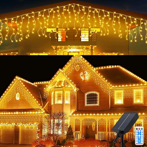 Micacorn Solar Eisregen Lichterkette mit USB-Ladung 5M Wasserdicht Eisregen Lichterkette 8 Modes 256 LEDs 32 Pcs Vorhang Lichter mit Fernbedienung für Garten Hochzeit Party Weihnachtsdekoration