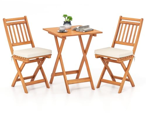 GIANTEX Balkonmöbel Kleiner Balkon, Bistrotisch mit 2 Stühlen, Gartenmöbel Set Holz klappbar, Balkonset Bistroset Outdoor, Terrassenmöbel 2 Personen, Garten Sitzgruppe mit Kissen