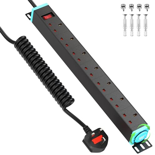 HANNELORE 7 Way Power Strip Surge Protector with 360° Swivel Brackets, 7 Way Extension Lead with Switch, 19 inch Rack Mount Wall Mount Power Strip with Metal Housing, 1.6M Spring Cable, Black