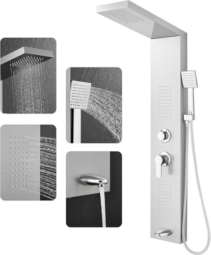 ROVOGO Shower Panel Tower System, 4 Modes - Rainfall, Massage Jets, Hand Shower and Bath Spout, Brushed Stainless Steel Shower Column, Wall Mounted