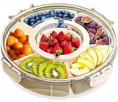 Snackle Box Drehbar mit Griff, Snackbox mit Deckel & 6 Herausnehmbaren Fächern, 360° Runde Snackschale Servierplatte für Party Picknick Reisen, Spülmaschinengeeignet, Cremeweiß 26cm