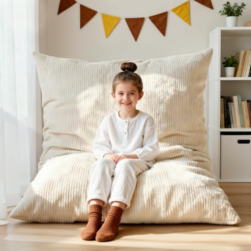 lihtsofty 3 in 1 Kids Bean Bag Chair Bed – Foldable Bean Bag to Lounger & Floor Mattress, High-Density Foam Filling Bean Bag, Child Floor Sofa for Reading, Sleeping, Gaming & Relaxation,Beige
