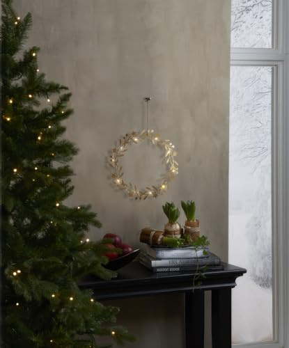NETPROSHOP Leuchtender Gold Metallkranz Mispel 10 LED Leuchtmittel Warmweiß mit Timer Batteriebetrieben