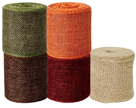 5 Rollen Juteband Breit, Dekoband Weihnachten, Geschenkband Breit 6cm X 3m, Juteband Natur Rot Grün Braun Orange, Stoffband Für Weihnachtsbaumdeko Geschenkverpackung DIY Basteln