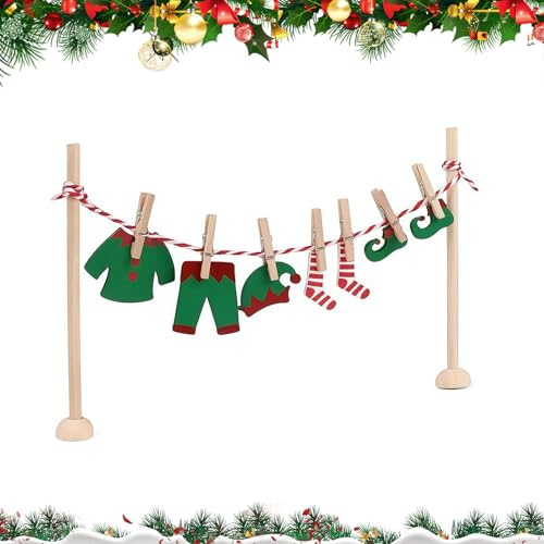 KLINNA Wichtel Zubehör Weihnachten, Komplettes Miniatur Wäscheständer Set mit Liebevoller Holz Kleidung, Winzigen Klammern und Leine, Zauberhaftes Miniatur Zubehör für Puppenhaus & Wichteltür Deko