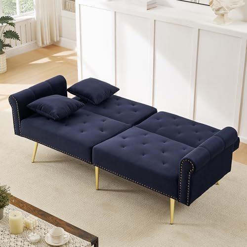VIEKOS Modernes 2-Sitzer-Schlafsofa – Samtbezug, Rückenlehne mit 3-stufiger Verstellung & vergoldete Metallfüße Stilvolles Sofa mit Schlaffunktion – platzsparend,belastbar,ideal für kleine Räume