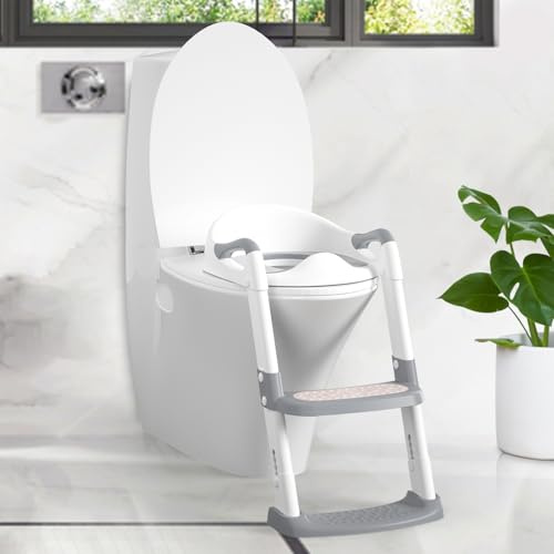 RBFGYIOP Riduttore WC per bambini con scaletta – Cuscino morbido, sedile regolabile in altezza, perfetto per apprendimento autonomia – Facile da pulire – Colore grey