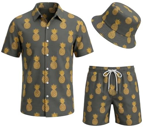 Apparlxer Hawaii Hemd Männer,3Pcs Herren Hawaiihemd Set mit Casual Freizeit Flamingo Blumenmuster Kurzarmhemd Shorts Fischerhut (Braun, XXL)