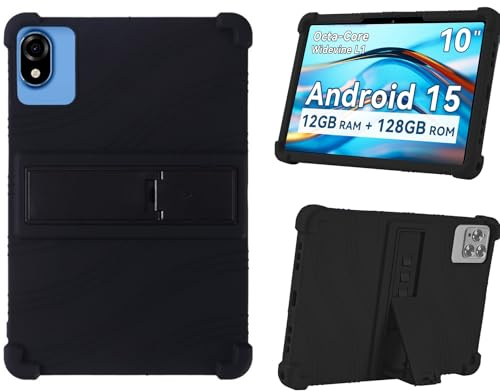 Silicone Case for 10.1 inch Android Tablet case,Soft Friendly Cover for Android 16 Tablet 10 inch 2026,Case for Android 15 Tablet 10 inch 2025,Adjustable Stand (Black)