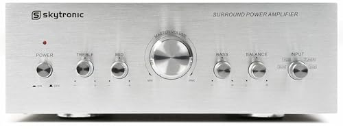 Skytronic AV400 Mini Verstärker HiFi 4 Kanal 400 Watt Vollverstärker Stereo HiFi, kompakt, 4X RCA Cinch Eingänge, DVD, CD, Tuner, Regler Balance, High, Bass, Mid, klassischer Soundverstärker - Silber