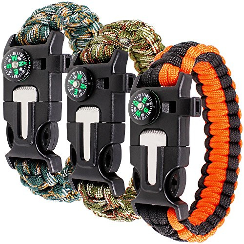 Paracord brazalete Kit juego de 3 para la supervivencia al aire libre, maxin 9 pulgadas Kit de engranaje de supervivencia con brújula integrados, iniciador de fuego, emergencia cuchillo y silbato.