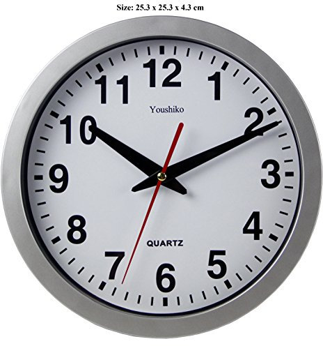 Youshiko Stylish Silver & White Bold Classic Quartz Wall Clock Non Ticking Silent (25cm / 10-Inch Diameter), Home/Kitchen/Office/School Clock, Easy to Read