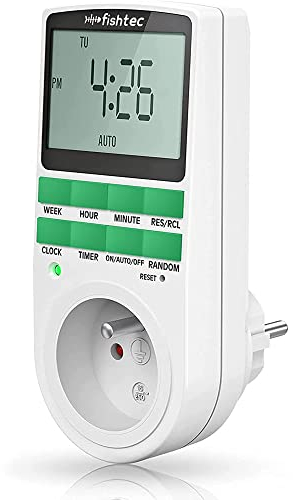 FISHTEC - Prise Programmateur Digital 10 minuteries - Grand écran LCD Economies d'énergie Mode aléatoire Témoin Lumineux 220-240 V