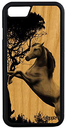 Coque pour Apple iPhone 8 en Bois et Silicone Cheval Nature 4G Pas Cher Animaux Poney Animal Portable Case Equitation Poulain frêne