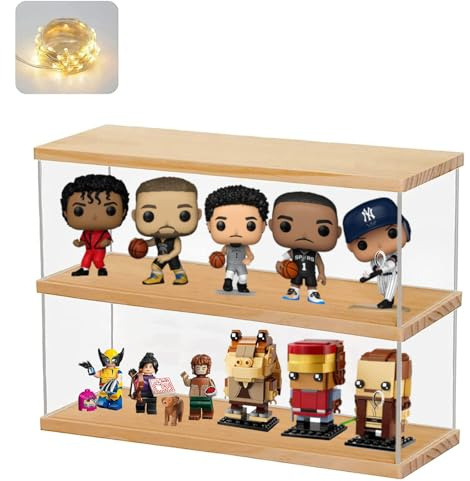 Vitrine Acrylique pour Funko Pop Figurine Collection 11.5cm pour Lego Minifigures BrickHeadz, Présentoir Vitrine Acrylique Verre Boîte Plexiglas Transparente 2 Niveaux avec Porte avec LED, Base Bois