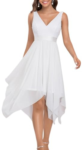 Ever-Pretty Vestidos de Fiesta Corte Imperio Escote en V A-línea con Encaje Gasa Vestido de Noche para Mujer Blanco 52