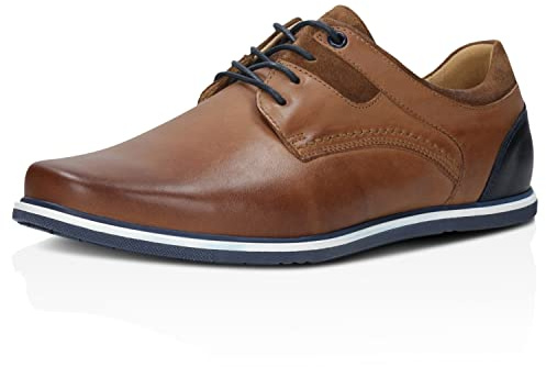 WOJAS Chaussures basses pour homme - Baskets - Chaussures de loisirs - En cuir lisse et daim fendu - Doublure en cuir - Inserts blancs - Élégantes et confortables - 10027, Marron clair, bleu foncé, 41