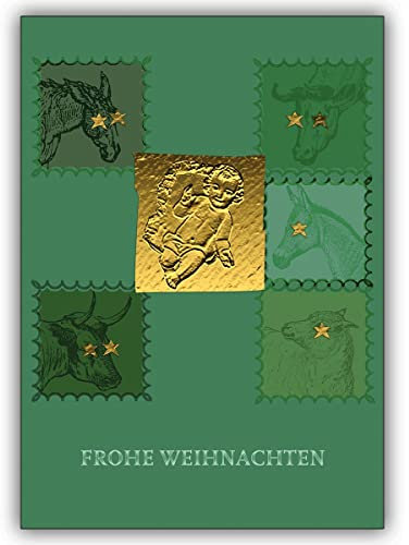 10x Designer Weihnachtskarte mit Esel, Kuh und Schaf beim Christkind • schönes Glückwunsch Karten Set mit Umschlägen zu Weihnachten, Neujahr, Silvester für Familie, Freunde, Kollegen aus der Firma