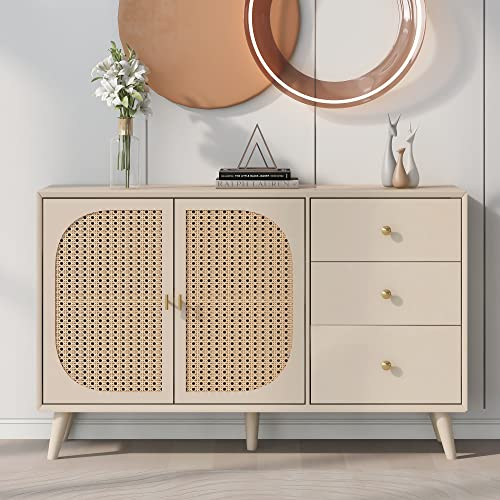 Merax Kommode mit 3 Schubladen und 2 Türen, Rattan Sideboard Schubladenschrank aus Holz, Highboard TV-Tisch mit viel Stauraum, für Schlafzimmer & Wohnräume & Büro, Offwhite, 120 x 40 x 82,5 cm