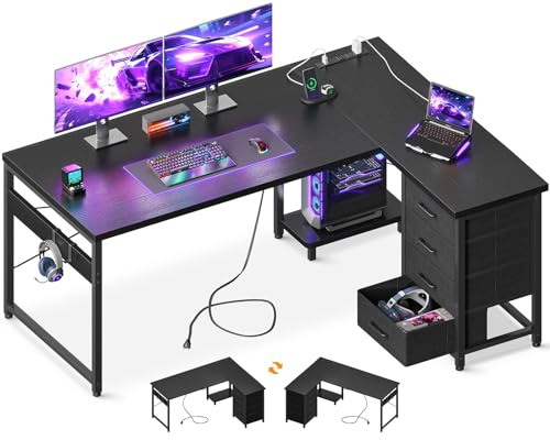 AODK L Shaped Gaming Desk with 4 Drawers, 53 Reversible Home Office Desks with Power Outlets, L Shaped Computer Desk with USB Charging Port and Host Stand, Corner Desk, Easy to Assemble, Black