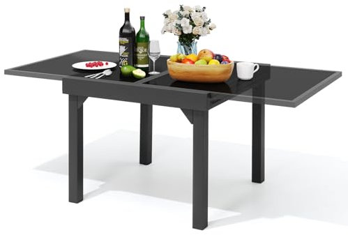 PATIOHIT Moderner Aluminium-Esstisch für den Außenbereich, erweiterbarer Glas-Esstisch für 6–8 cm, ausziehbarer Aluminium-Terrassenverlängerungstisch 88,9 cm bis 177,8 cm, für Hinterhof, Veranda,