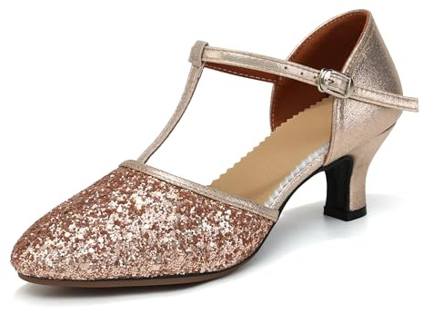 YCALCP Scarpe da Ballo Latino Americano Donna con Paillettes Punta Chiusa Scarpe Ballo Salsa Tango con Tacco Basso,Tacco di 5.5 cm,FT-135-Champagne-R,Tacco 5.5cm,EU 37