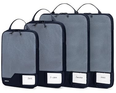 ECOHUB 4-Teilige Kompression Koffer Organizer, Packing Cubes mit Tag, Recycelten Packwürfel Set für Rucksack & Koffer, Maschenverstärkung Packtaschen für Koffer, Patent Anhängig(Dunkelblau)
