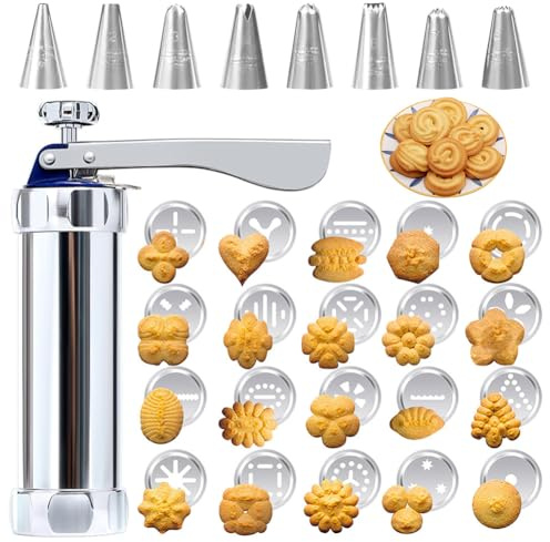 Umllpet Gebäckpresse, Spritzgebäck Edelstahl Kekspresse, mit 20 Schablonen, 8 Edelstahl Tüllen, Backspatel und Reinigungsbürste, Spritzgebäck Presse, Teigspritze, Teigpresse, für Kuchen Kekse Churros
