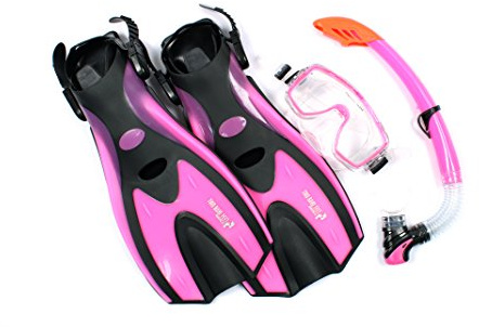 Two Bare Feet Adults 3 Piece Silicone Mask, Snorkel and Fins Diving Set, Anti Fog Anti Leak Snorkelling Set - Style 1 (Pink Standard Snorkel, SM UK4.5-8.5)