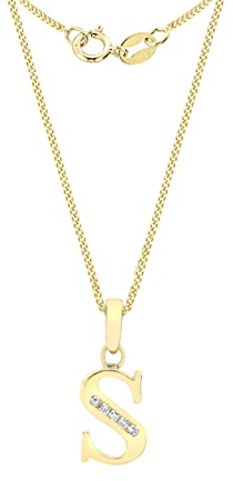 CARISSIMA Women's 9 ct Yellow Gold Cubic Zirconia 7 x 13 mm Initial S Pendant on 9 ct Yellow Gold 0.7 mm Diamond Cut Curb Chain Necklace of Length 46 cm/18 Inch