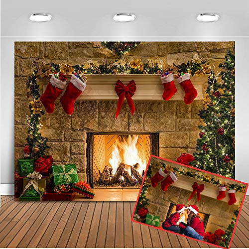 Mehofoto Thème De Noël Arbre Cheminée Chaussettes Photographie Toile de Fond 7x5ft Xmas Partie Décoration Cadeaux Réveillon De Noël Intérieur Photo Studio Props