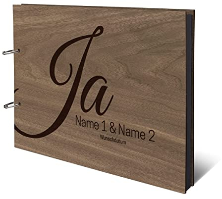 Hochzeit Fotoalbum Nussbaum Holz Gravur individuell Holzcover mit 50 Fotokarton 300g/qm schwarzen Innenseiten (25 Blätter) DIN A4 quer 302 x 215 mm - Ja