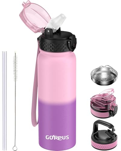 GOPPUS 600ml/20oz Edelstahl Wasserflasche mit Strohhalm Trinkflasche Sport Thermosflasche Auslaufsicher Flasche Water Bottle with Straw Thermoflasche Geeignet BPA-frei Trinkflasche