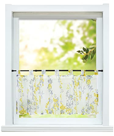 ESLIR Scheibengardine Modern Bistrogardine Küche Gardinen Transparent Vorhänge mit Schlaufen Kurzgardine Voile mit Bäume-Motiven Muster Gelb HxB 60x90cm 1 Stück