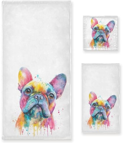 Französische Bulldogge Welpe Handtücher, Set mit 3 Aquarell-Hund, bunt, Kunst, Badezimmerhandtuch, weich, saugfähig, Badetücher, Waschlappen, Gästetuch-Set, Badezimmer-Dekoration