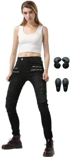 HULG Pantaloni da Moto da Donna,Pantaloni da Moto Biker Jeans Protezione Motorcycle Pantaloni Rinforzato Slim Fit Armature Pants, 4 X Pad di Protezione (Black,XXS)