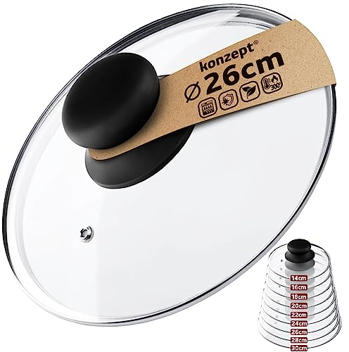 Couvercle pour casserole et poêle en verre transparent résistant, Tailles variées 14-30cm, Poignée, Trou vapeur, Va au lave-vaisselle (26 cm)