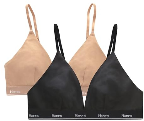 Hanes Women's Originals Triangle Bralette Pack, Breathable Stretch Cotton Bras, 2-Pack, Opaque, Black/Deep Glow, L (Pack of 2)