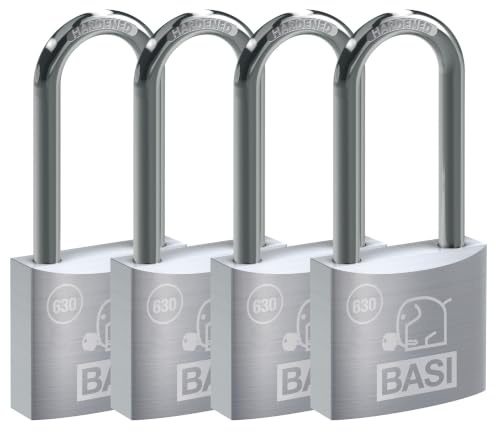 BASI | 4er Set Vorhangschloss | 30 mm | gleichsperrend | hoher Bügel | massives Aluminium-Gehäuse | gehärteter Stahlbügel | sicheres Vorhängeschloss gleichschließend | Bügelstärke 5 mm | 4 Stück