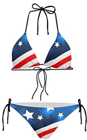 Biyejit Conjunto de bikini con bandera americana para mujer, parte superior halter, lazo lateral, triangular, sexy, traje de baño de verano, playa, traje de baño con tirantes delgados ajustables