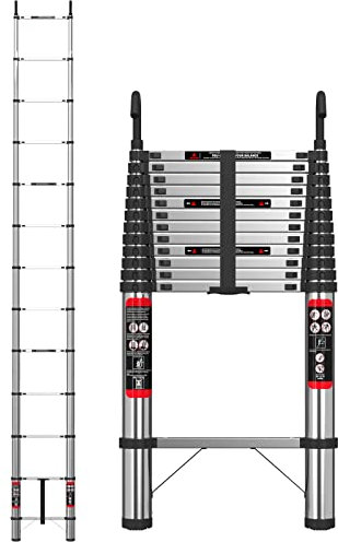 Scala telescopica da 5 m con gancio, in acciaio inox, resistente, allungabile, pieghevole, multiuso, approvata EN131