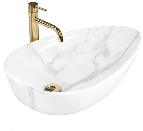 Rea LAVABO DA APPOGGIO GRETA 65 BIANCO SHINY Lavabo Bagno 655 x 390 x 135 mm Ceramica (Bianco, Imitazione Marmo)