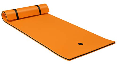 GYMAX Large Floating Water Pad, 3-Layer XPE Foam Floating Raft Mat with Rolling Pillow Design and Fixing Strap, Roll-Up Swimming Foam Mattress for Pool, River, Lake and Ocean