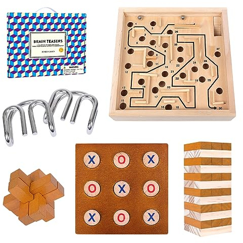 GOTHINK 5 in 1 Brettspiel Set, Holz- & Metall-Denkspiele, Labyrinth, Wackelturm, Tic Tac Toe, Familien- & Partyspiel für Kinder und Erwachsene