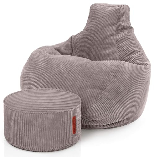 Green Bean© Beanbag con sgabello in velluto a coste - Beanbag per il soggiorno, la camera da letto, sedia a sacco per adulti grigio chiaro - circa 230L di riempimento 90x80x80 e 45x26